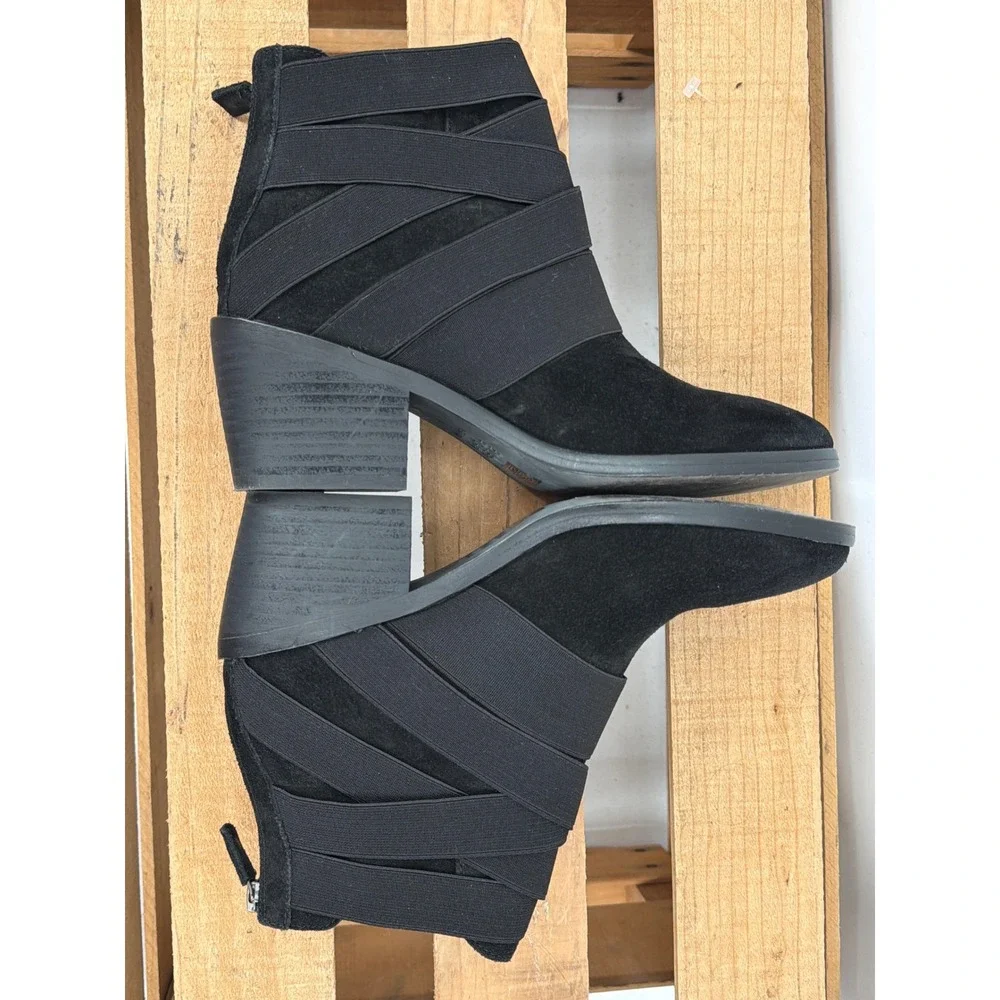 Eileen Fisher Black Suede Elastic‎ Strappy Ankle Booties Block Heel Size 7